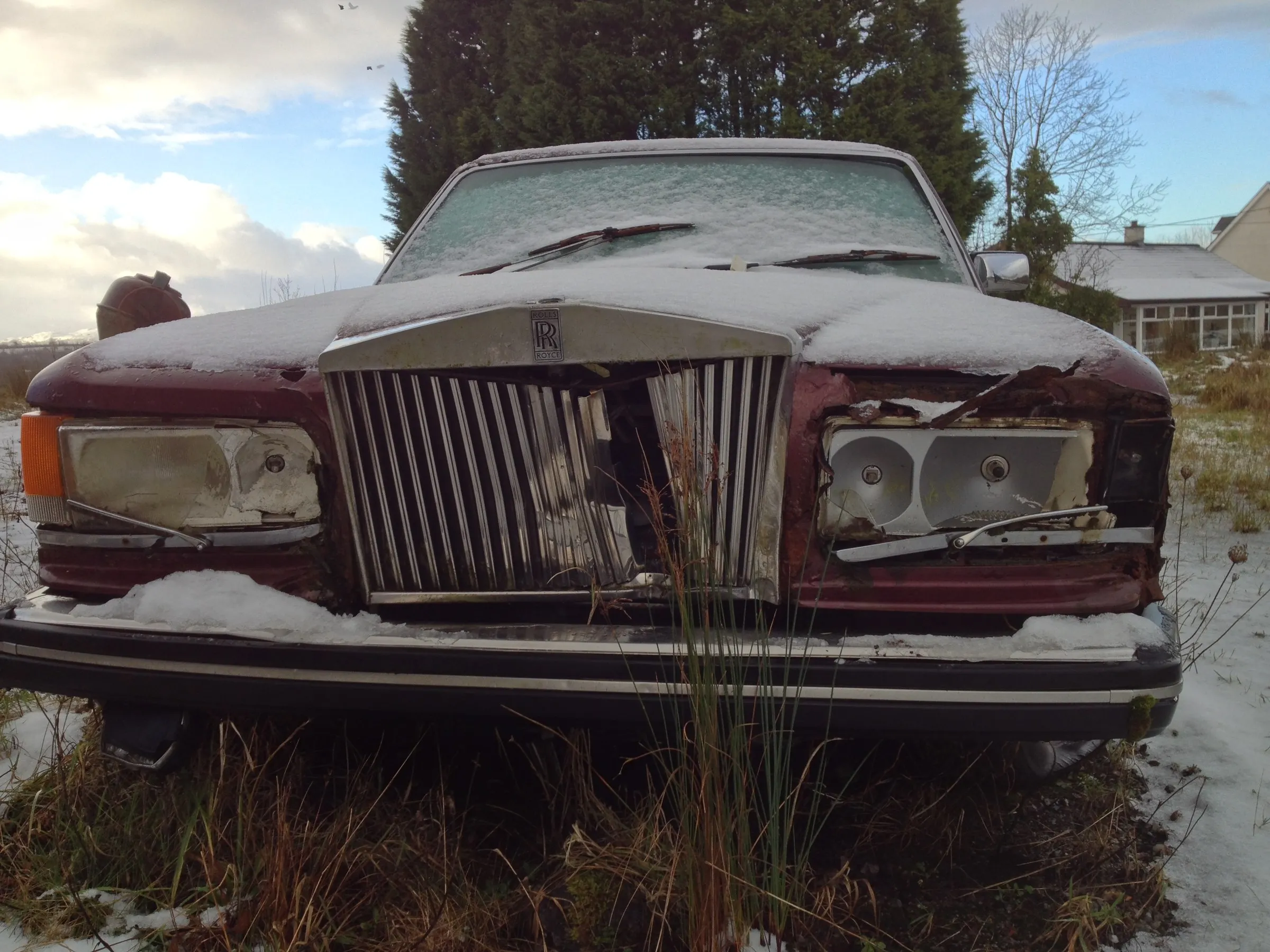 The grille of a wrecked Rolls-Royce standing in long grass