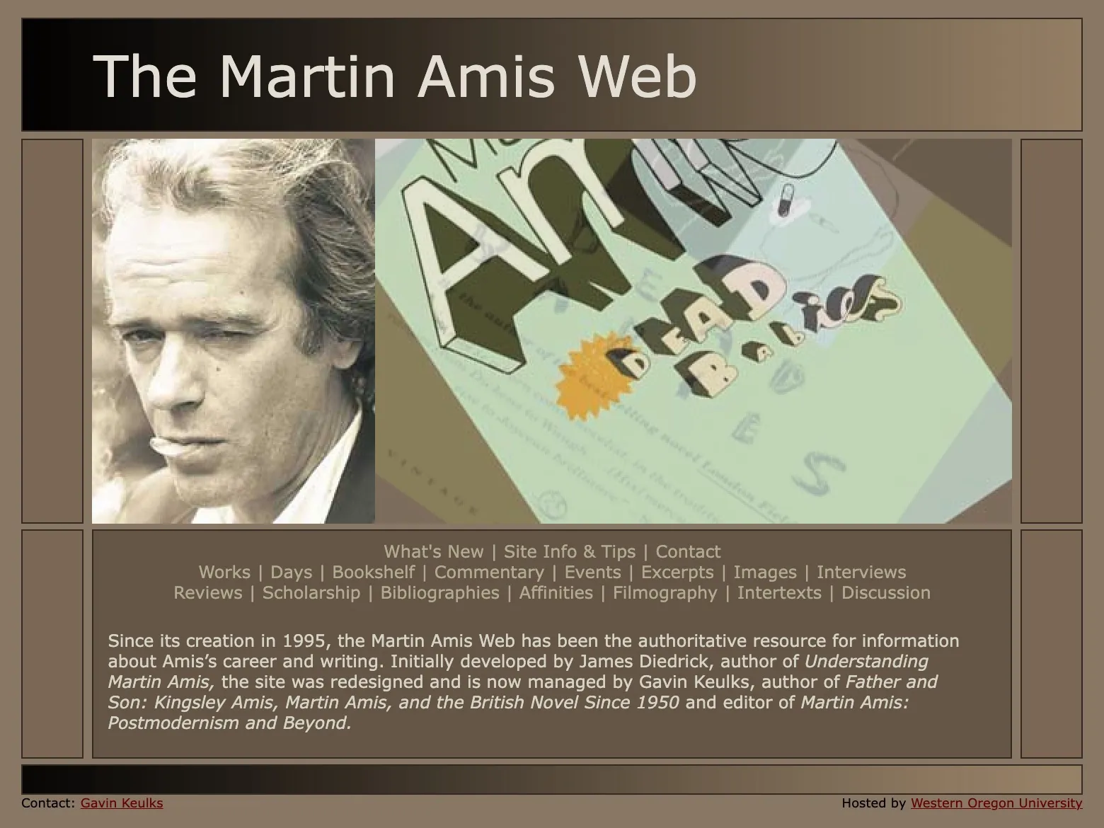 The Martin Amis Web home page in 2009: a brown table layout with the site's title in a dark banner, an author portrait and a book-cover slideshow, and three rows of section links above a short introduction